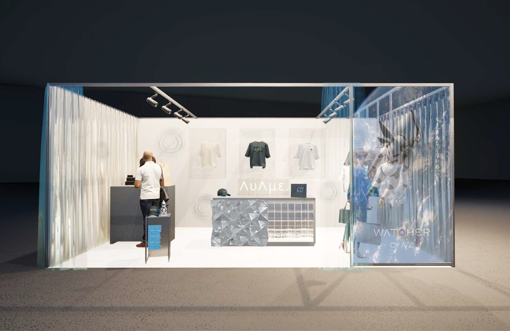 杉本が手掛けたTGS2026のΛυΛμε.ブースイメージ。透明な素材と白い壁、商品展示、ザッケンのビジュアル。