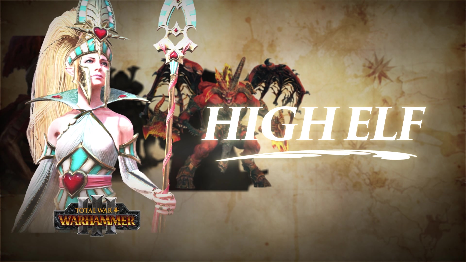 HIGH ELFの文字とキャラクターを配したTotal Warの紹介画面（00:32）
