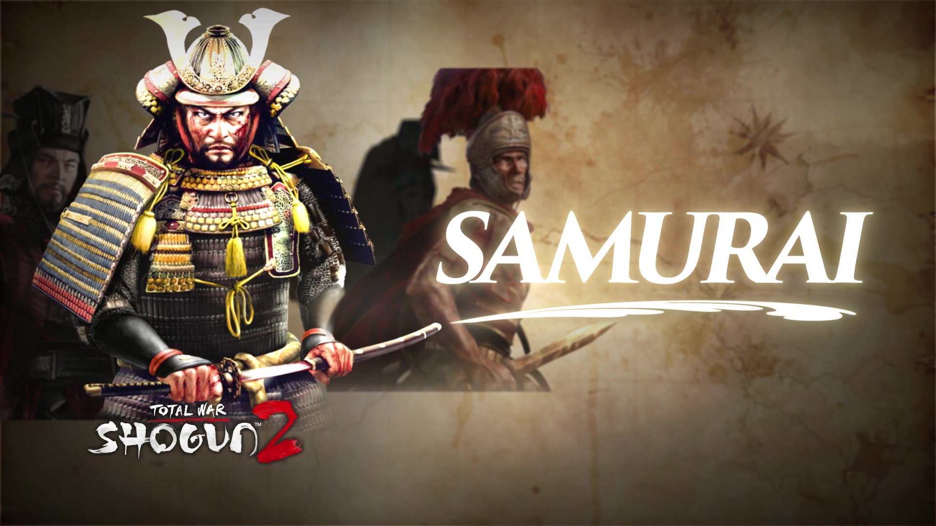 SAMURAIの文字と武士を配したTotal Warの紹介画面（00:28）