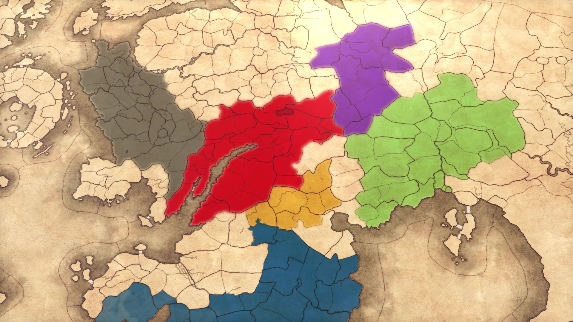 複数の勢力が色分けされたTotal Warの地図画面（01:41）